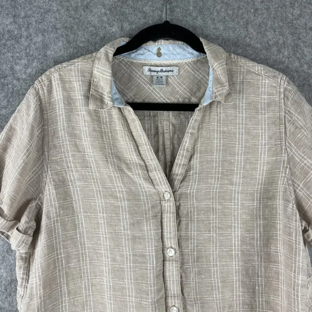 Tommy Bahama Linen Top Womens Medium Beige Plaid Short Sleeve Coastal Beachy - Picture 2 of 12